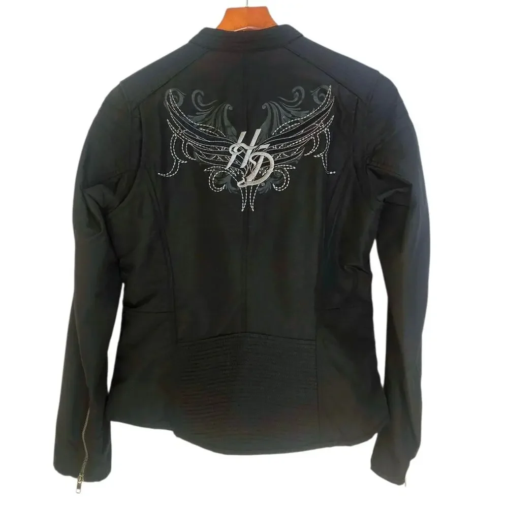 Harley Davidson Black Moto Biker Windbreaker Jacket with HD Logo & Wings